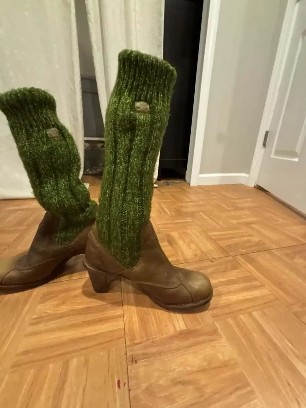 El Naturalista Brown Leather Ankle Boots with Green Knit Leg Warmers
